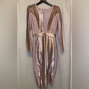Pink long sleeve dress, low V cut, pencil slim fit dress